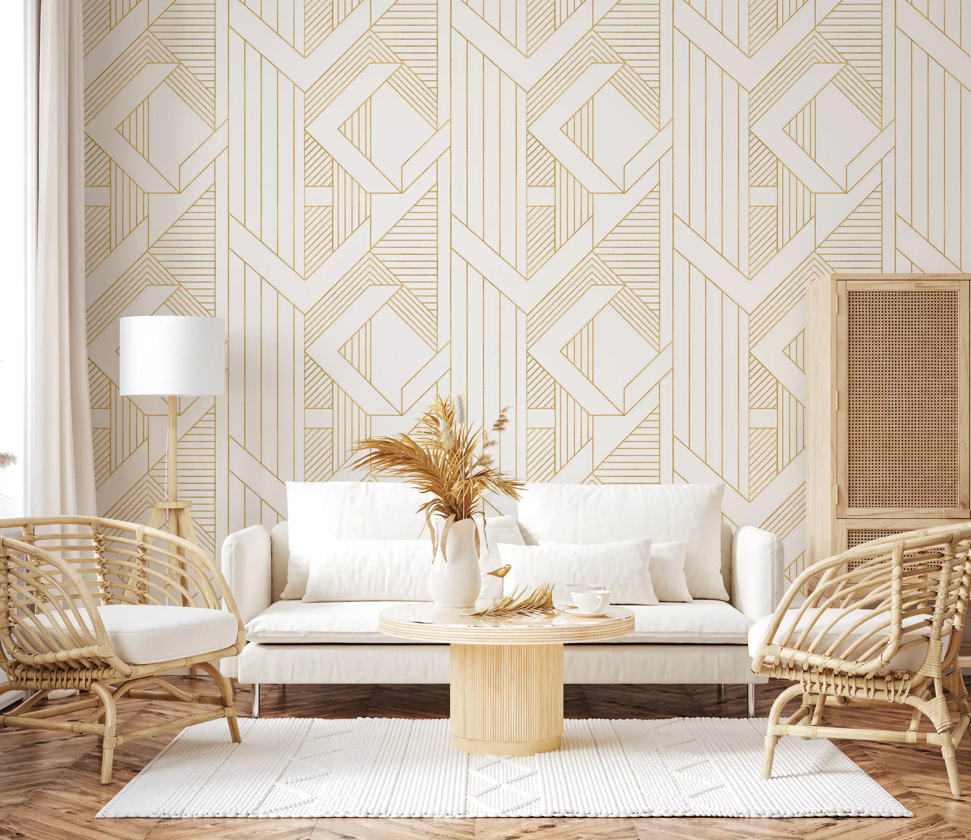 White and gold Art Deco geometric wallpaper in living room., GD10640