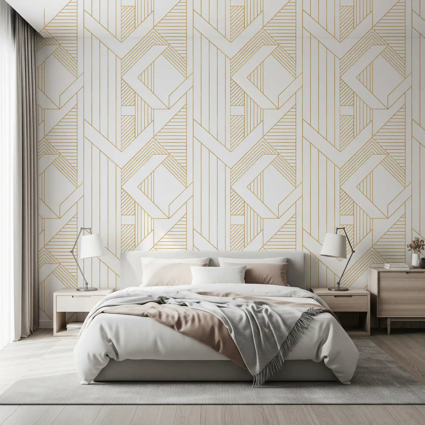 White wallpaper with metallic gold linework in repeating geometric motifs., GD10640