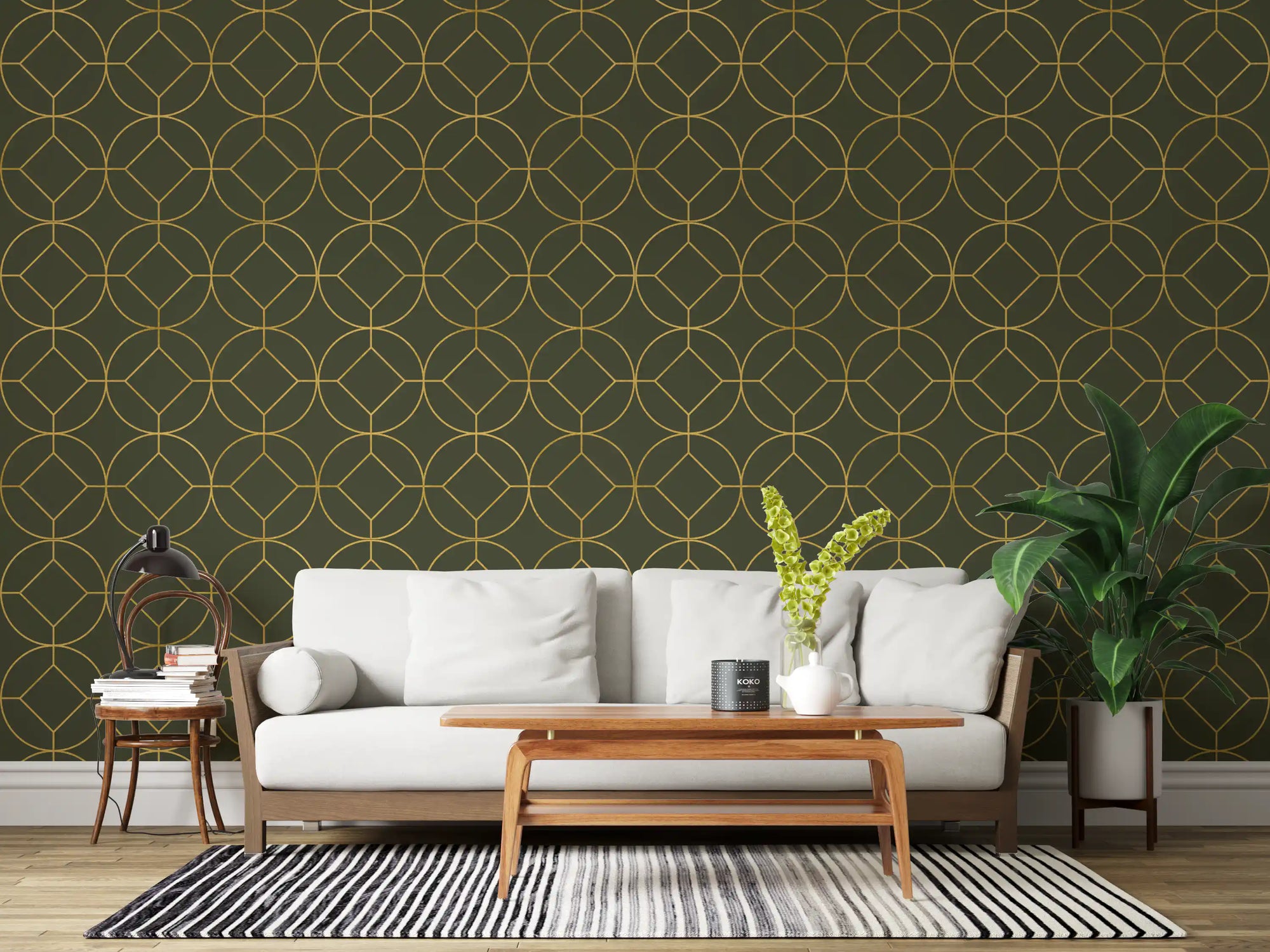 Elegant Olive and Gold Art Deco Geometric Wallpaper