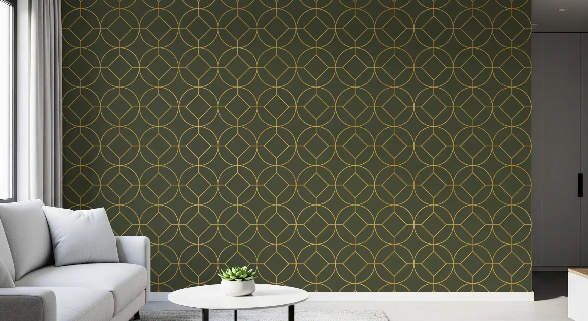 Elegant Olive and Gold Art Deco Geometric Wallpaper