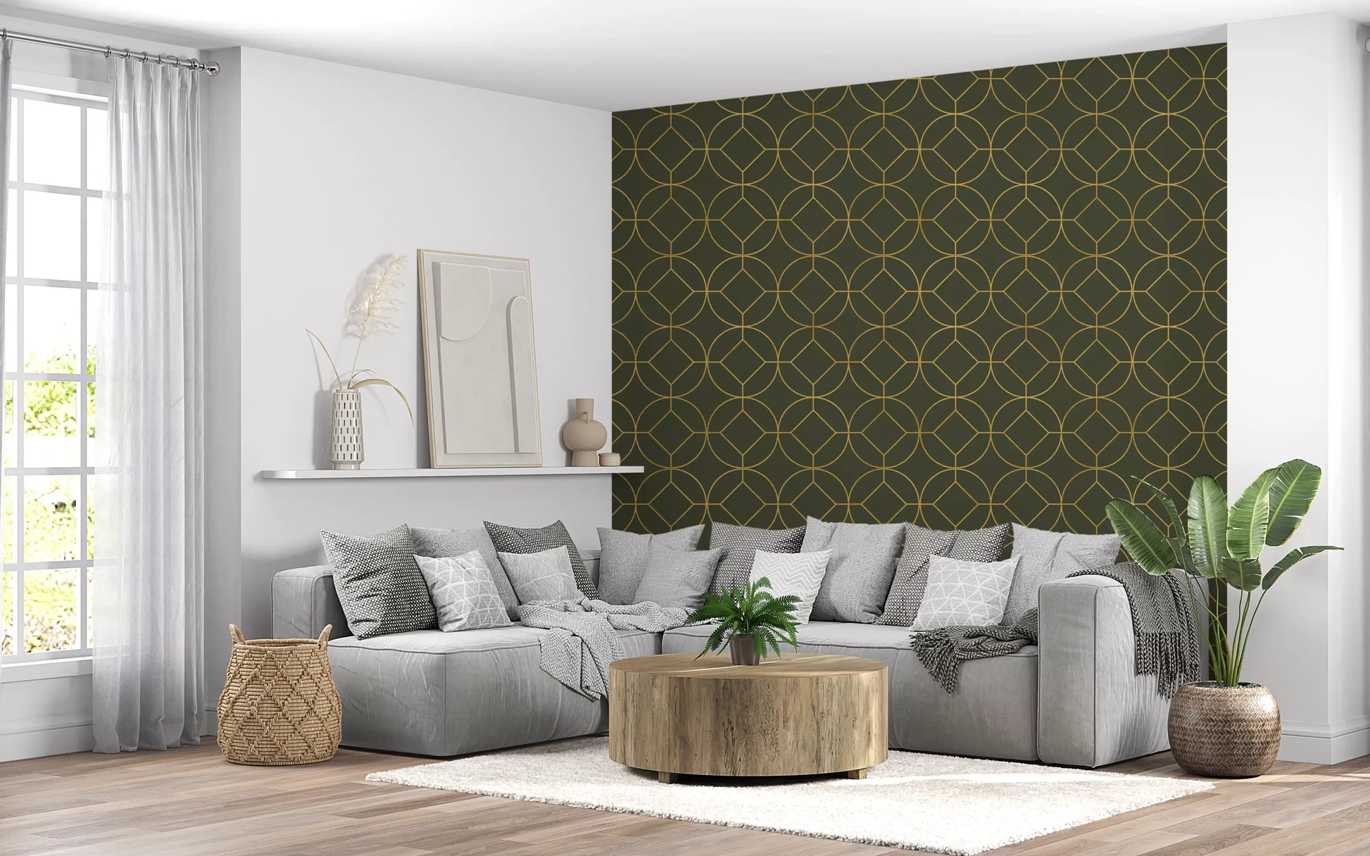 Elegant Olive and Gold Art Deco Geometric Wallpaper
