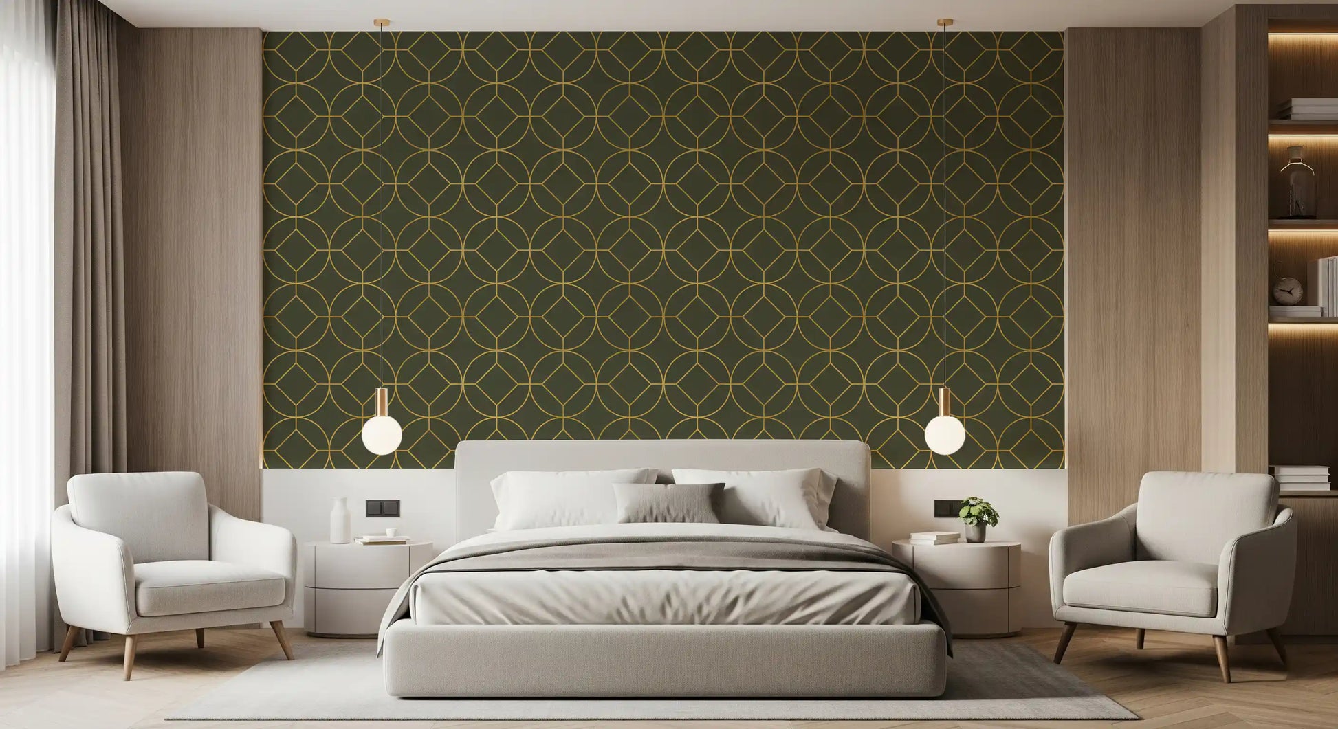 Elegant Olive and Gold Art Deco Geometric Wallpaper