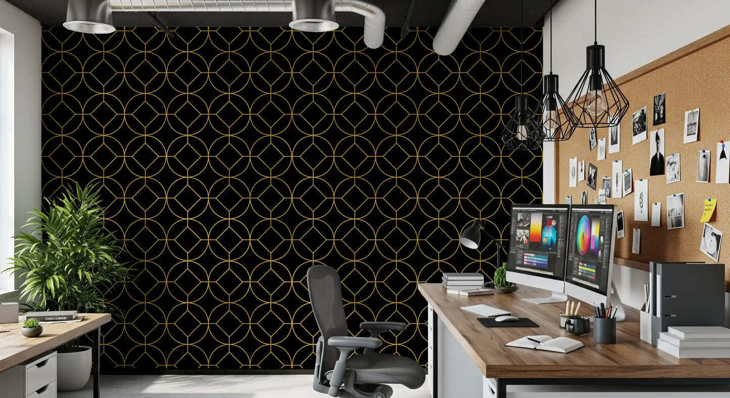 Wallpaper showing gold circle medallions and black background., GD10642