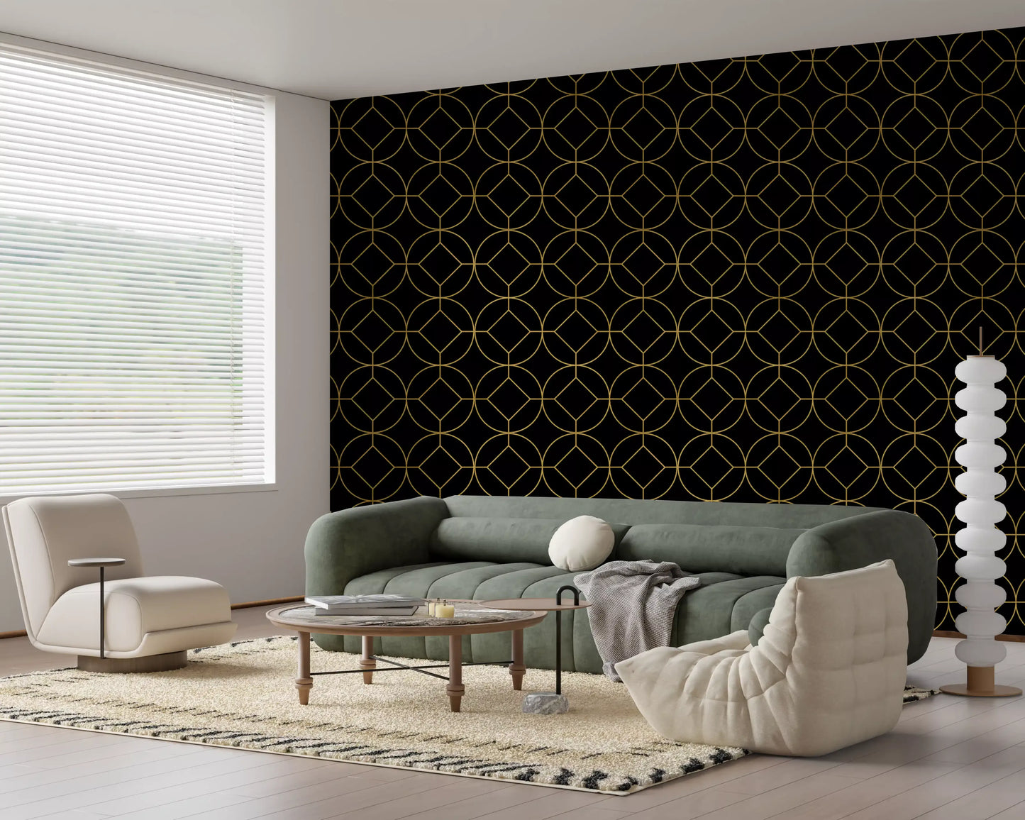 Repeating circular grid in gold lines on black Art Deco wallpaper., GD10642