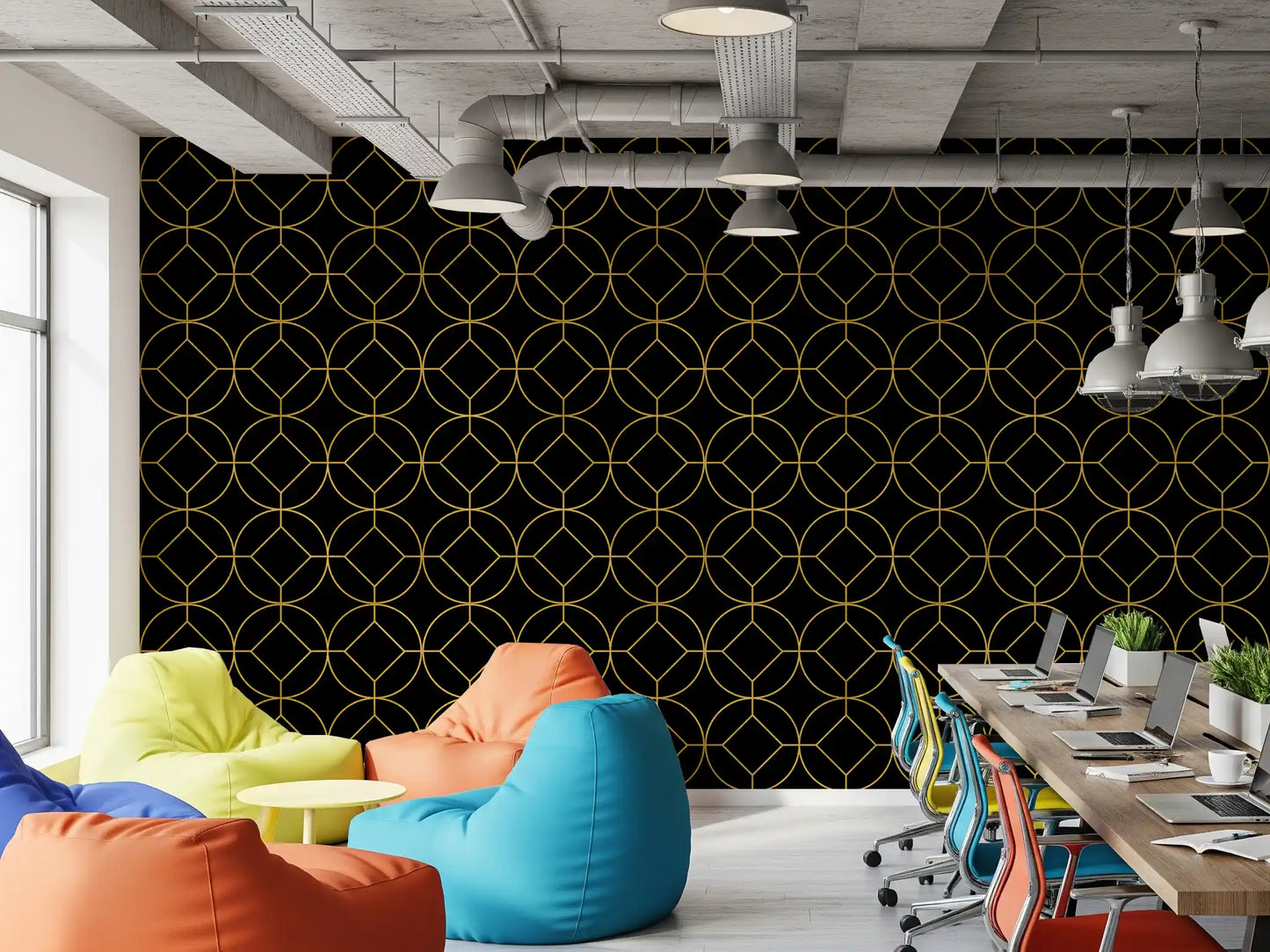 Vertical black wallpaper panel with gold circular geometric motifs in office., GD10642