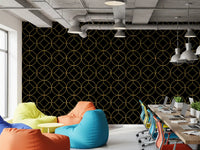 Vertical black wallpaper panel with gold circular geometric motifs in office., GD10642