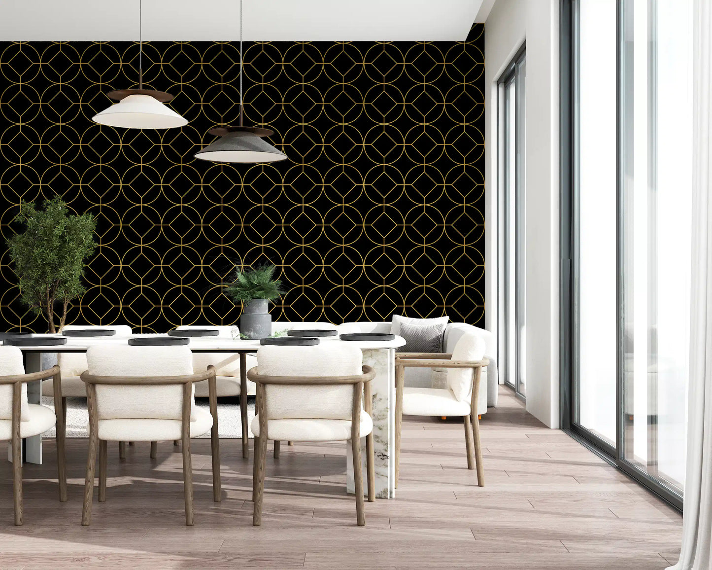 Dining room wall covered in black and gold geometric circle pattern wallpaper., GD10642