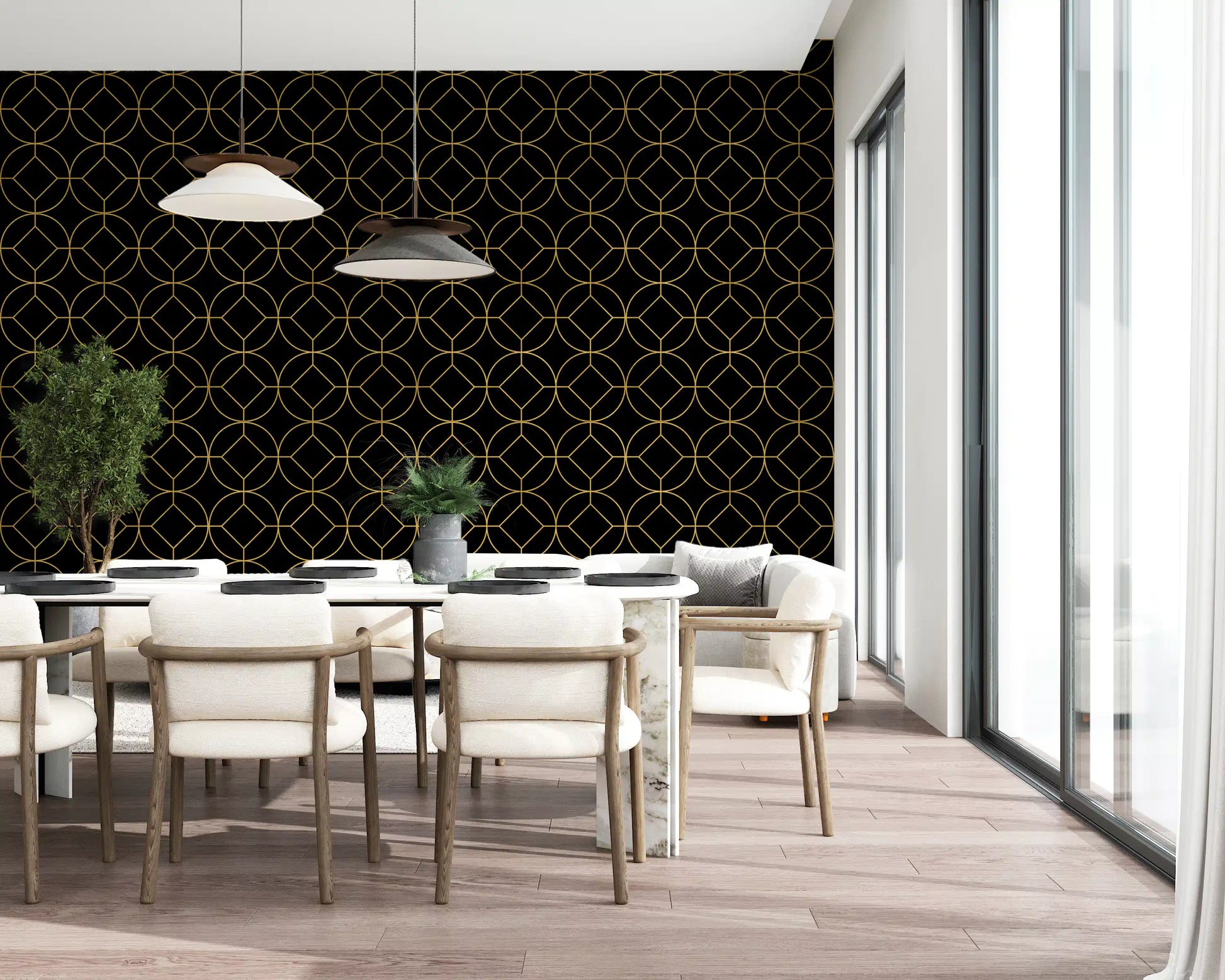 Dining room wall covered in black and gold geometric circle pattern wallpaper., GD10642
