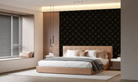Geometric wallpaper with black and gold art deco circles in bedroom., GD10642