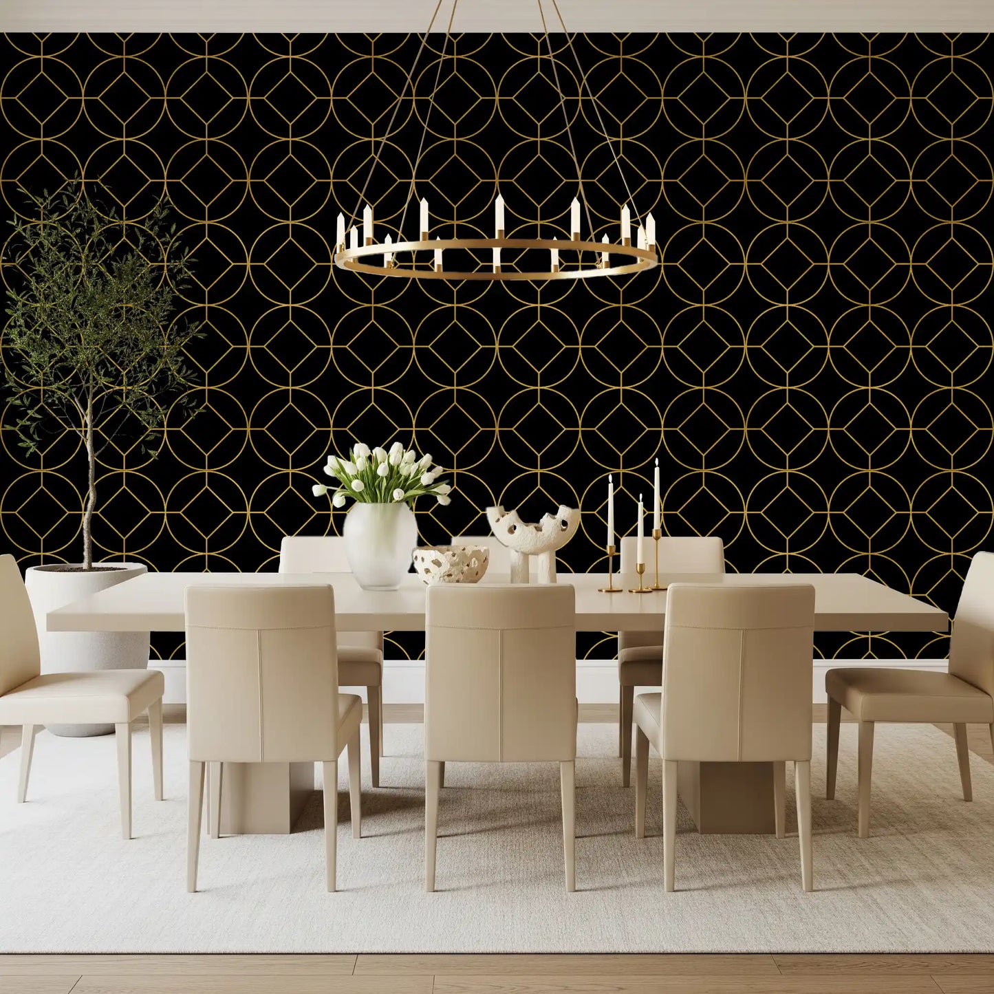 Art Deco geometric wallpaper in dining room with Gold circles enclosing diamond motifs., GD10642