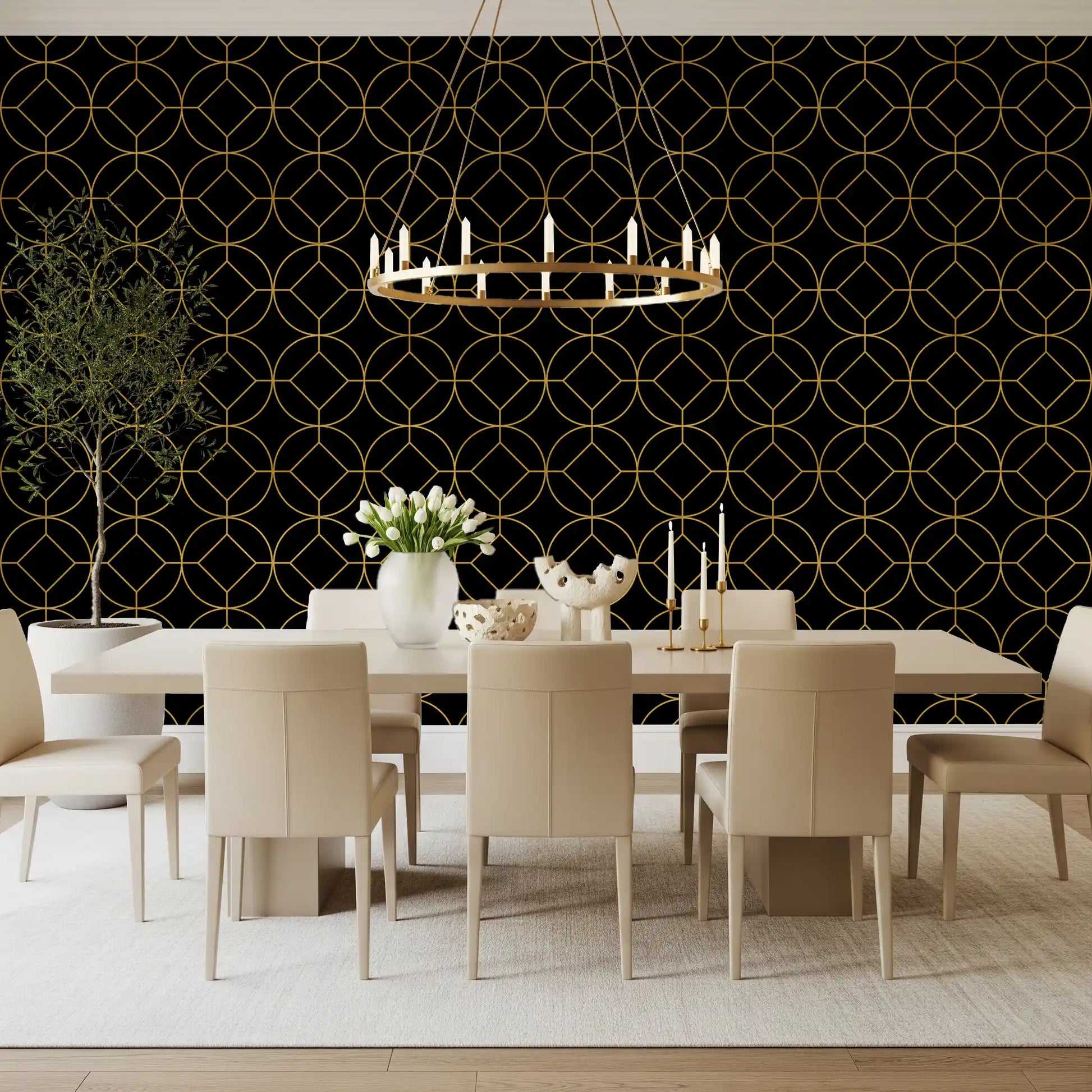 Art Deco geometric wallpaper in dining room with Gold circles enclosing diamond motifs., GD10642