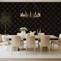 Art Deco geometric wallpaper in dining room with Gold circles enclosing diamond motifs., GD10642