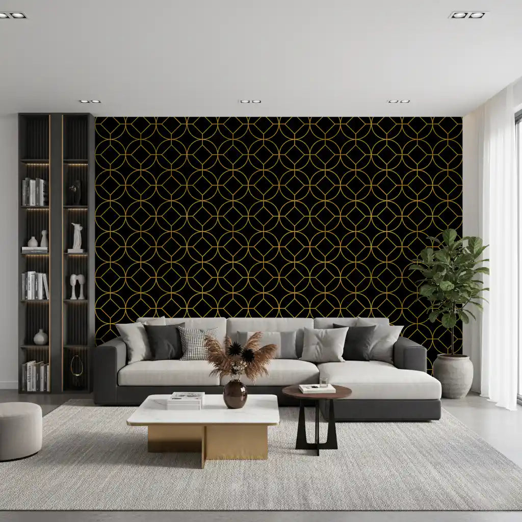 Black wallpaper with gold circular medallions and inset diamond shapes., GD10642