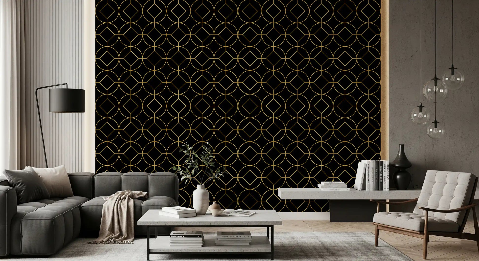 Black wallpaper showing gold circles, diamonds and triangular shapes., GD10642