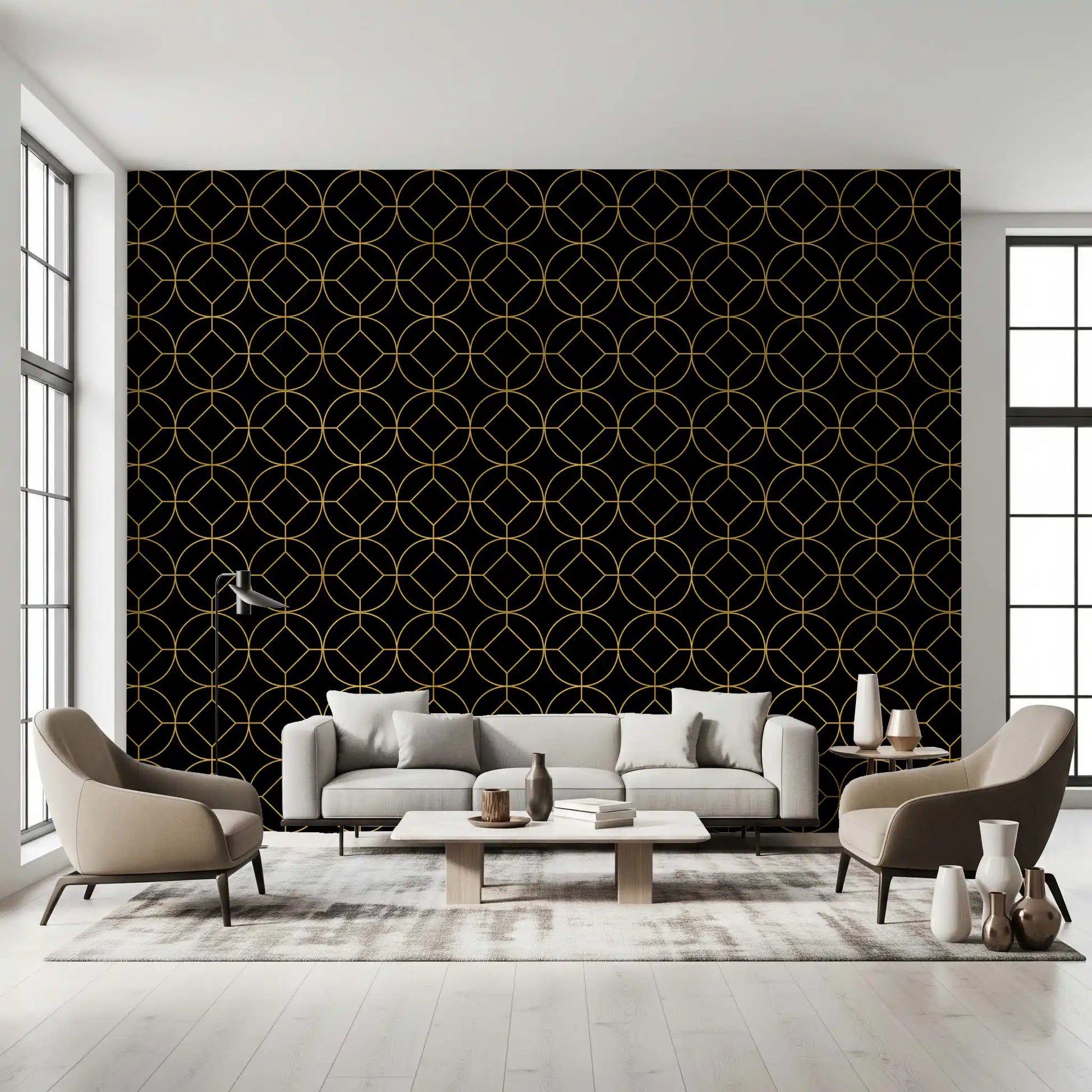 Living room wall featuring black and gold Art Deco circle geometric wallpaper., GD10642