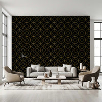 Living room wall featuring black and gold Art Deco circle geometric wallpaper., GD10642