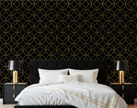 Gold linear medallions wallpaper with a balanced grid in bedroom., GD10642