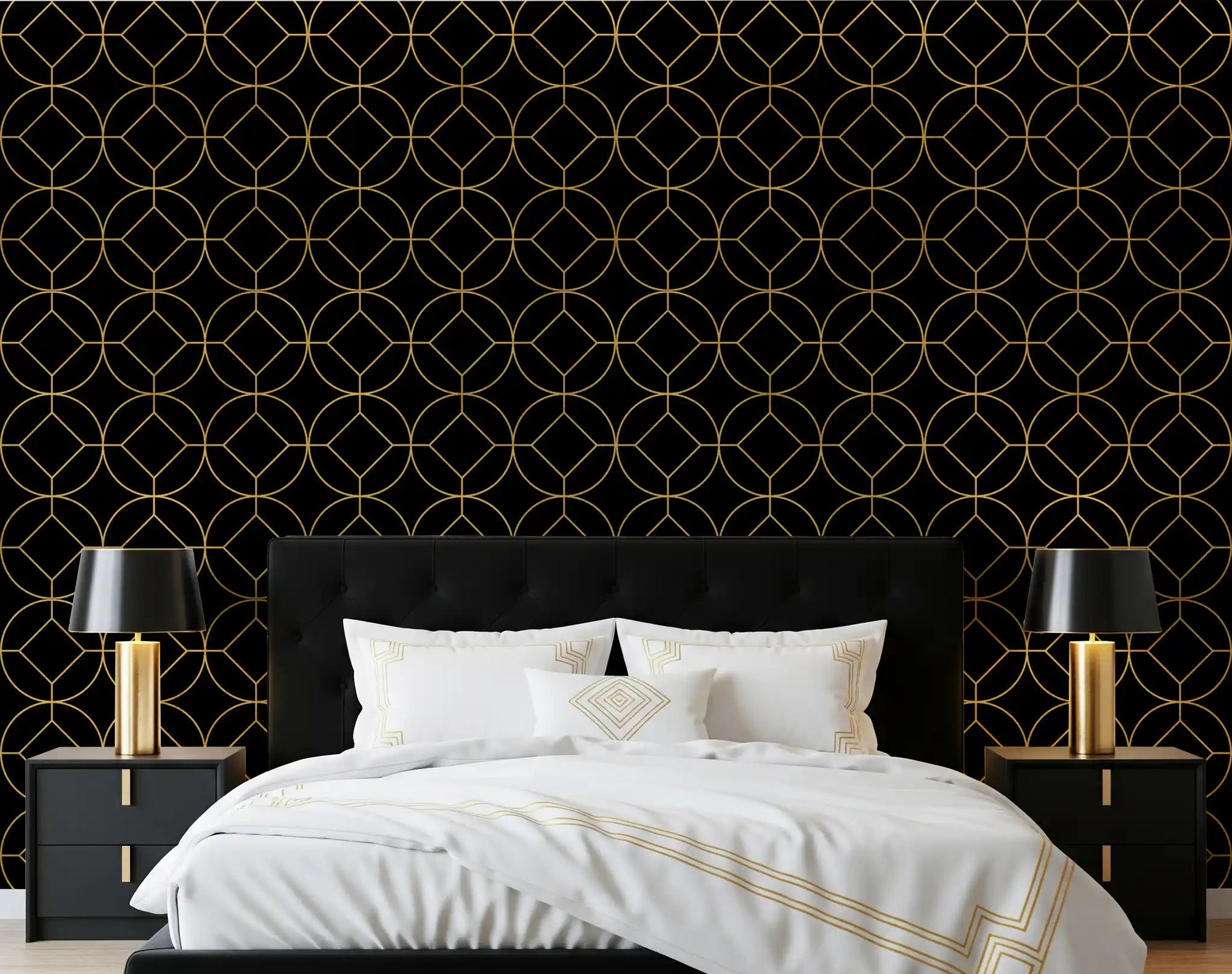 Gold linear medallions wallpaper with a balanced grid in bedroom., GD10642