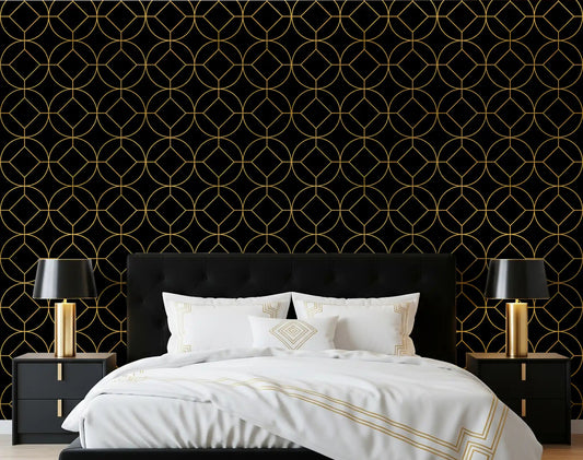 Gold linear medallions wallpaper with a balanced grid in bedroom.