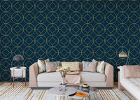 Living room wall featuring navy and gold Art Deco circle geometric wallpaper., GD10643