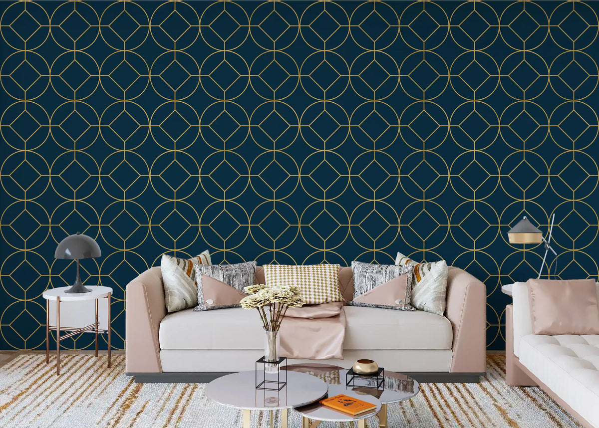 Living room wall featuring navy and gold Art Deco circle geometric wallpaper., GD10643