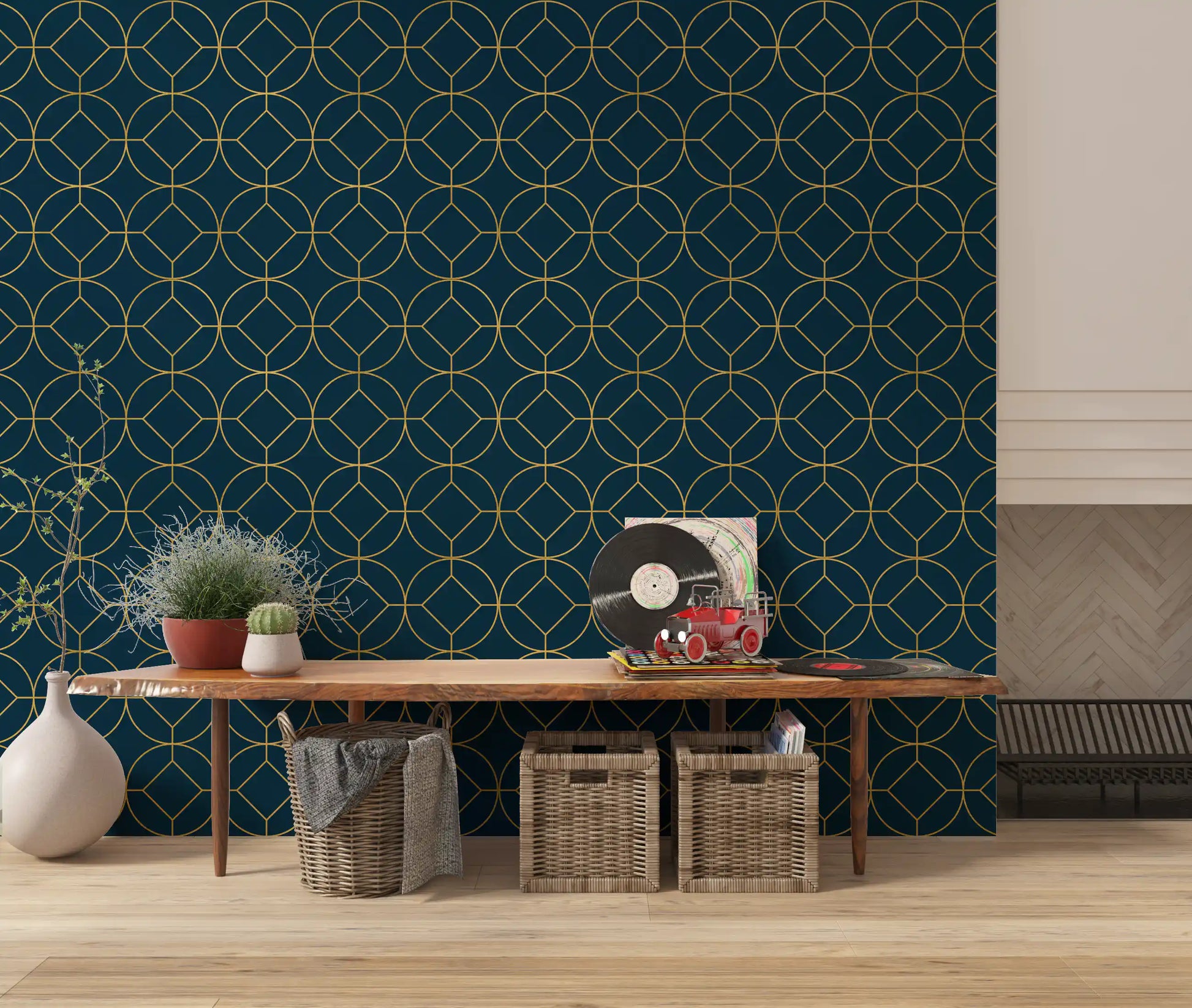 Vertical navy blue wallpaper panel with gold circular geometric motifs., GD10643