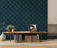 Vertical navy blue wallpaper panel with gold circular geometric motifs., GD10643