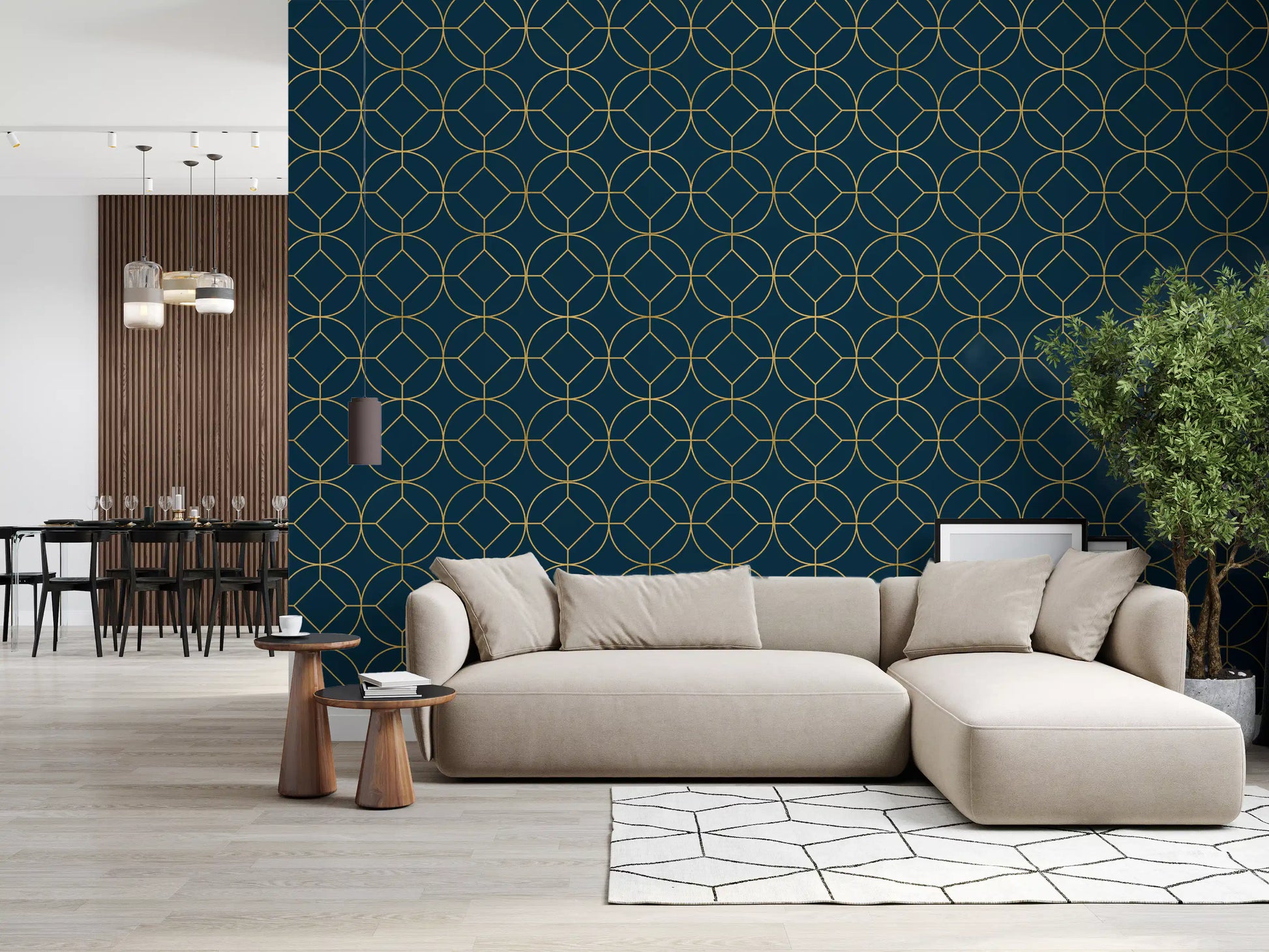Repeating circular grid in gold lines on navy blue Art Deco wallpaper., GD10643