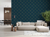 Repeating circular grid in gold lines on navy blue Art Deco wallpaper., GD10643
