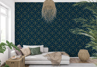 Hallway wall covered in navy and gold geometric circle pattern wallpaper., GD10643