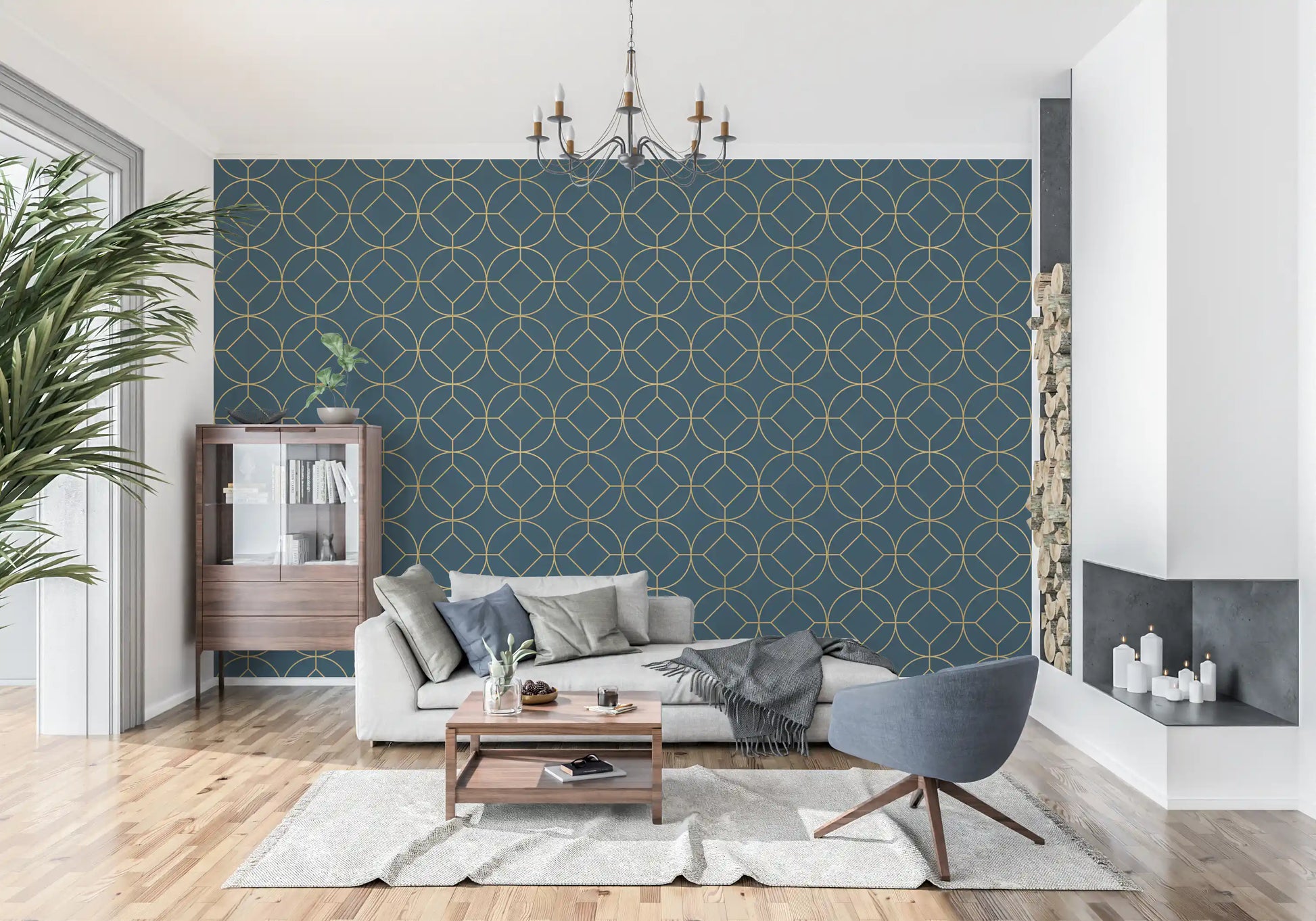 Navy blue wallpaper with gold circular medallions and inset diamond shapes., GD10643