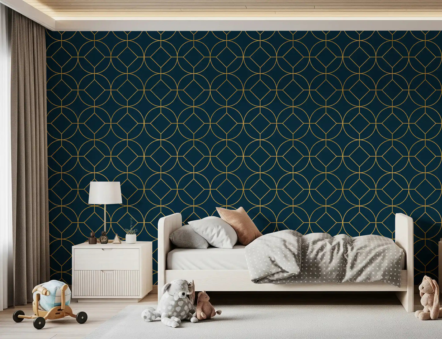 Metallic gold circles with central diamonds on navy blue wallpaper., GD10643