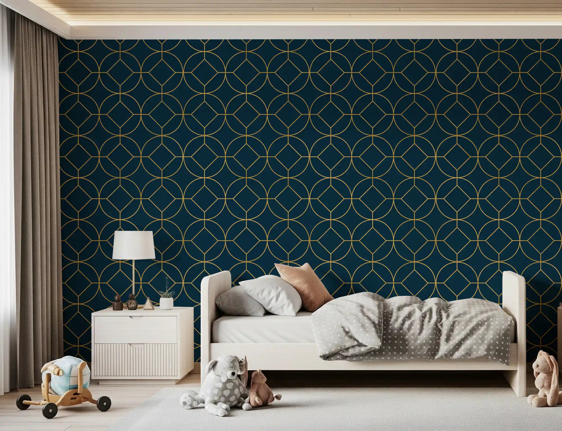 Metallic gold circles with central diamonds on navy blue wallpaper., GD10643
