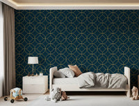 Metallic gold circles with central diamonds on navy blue wallpaper., GD10643