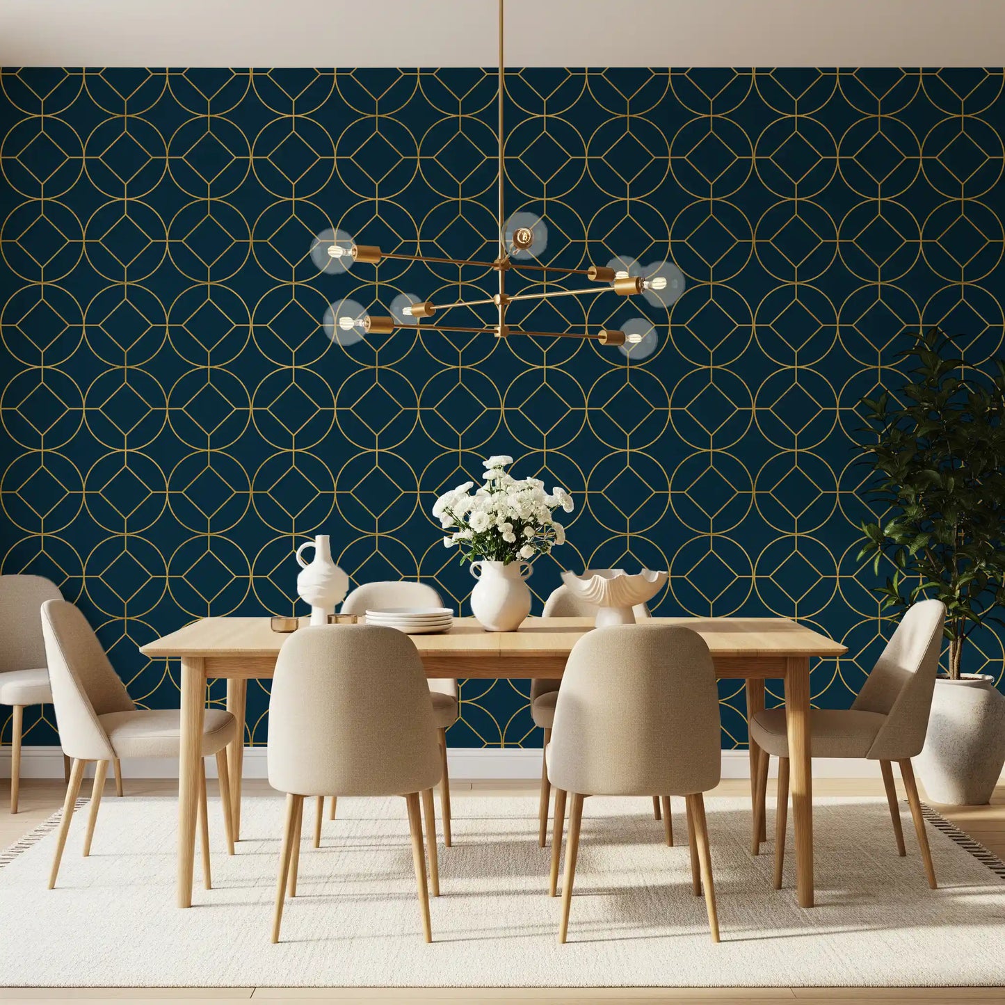 Geometric wallpaper in dining room with navy and gold Art Deco circles., GD10643