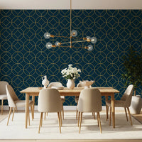 Geometric wallpaper in dining room with navy and gold Art Deco circles., GD10643
