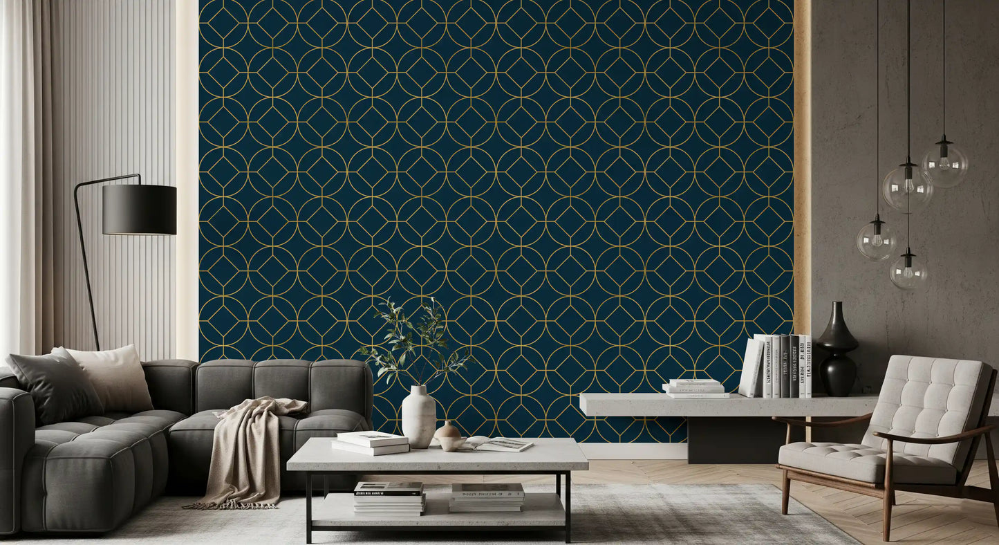 Art Deco wallpaper with Gold circles enclosing diamond motifs., GD10643