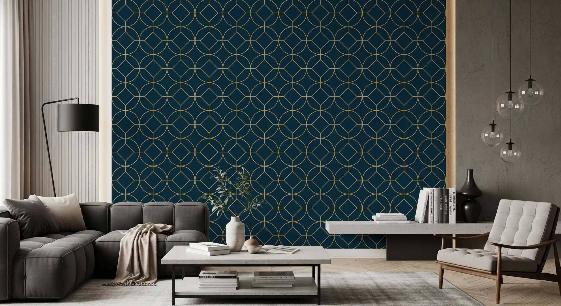 Art Deco wallpaper with Gold circles enclosing diamond motifs., GD10643