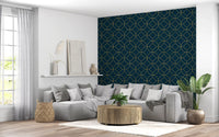 Navy and gold art deco circle geometric wallpaper in open living area., GD10643