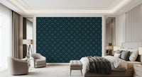 Bedroom wall showing navy blue wallpaper with gold circle medallions., GD10643