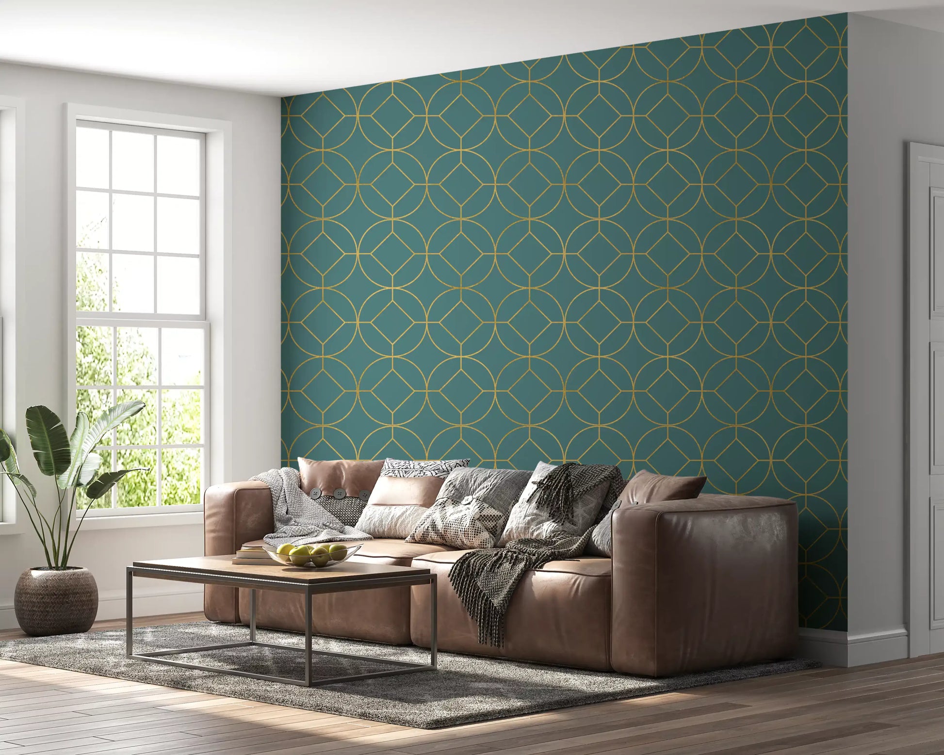 Teal wallpaper with gold circular medallions and inset diamond shapes., GD10644