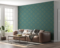 Teal wallpaper with gold circular medallions and inset diamond shapes., GD10644