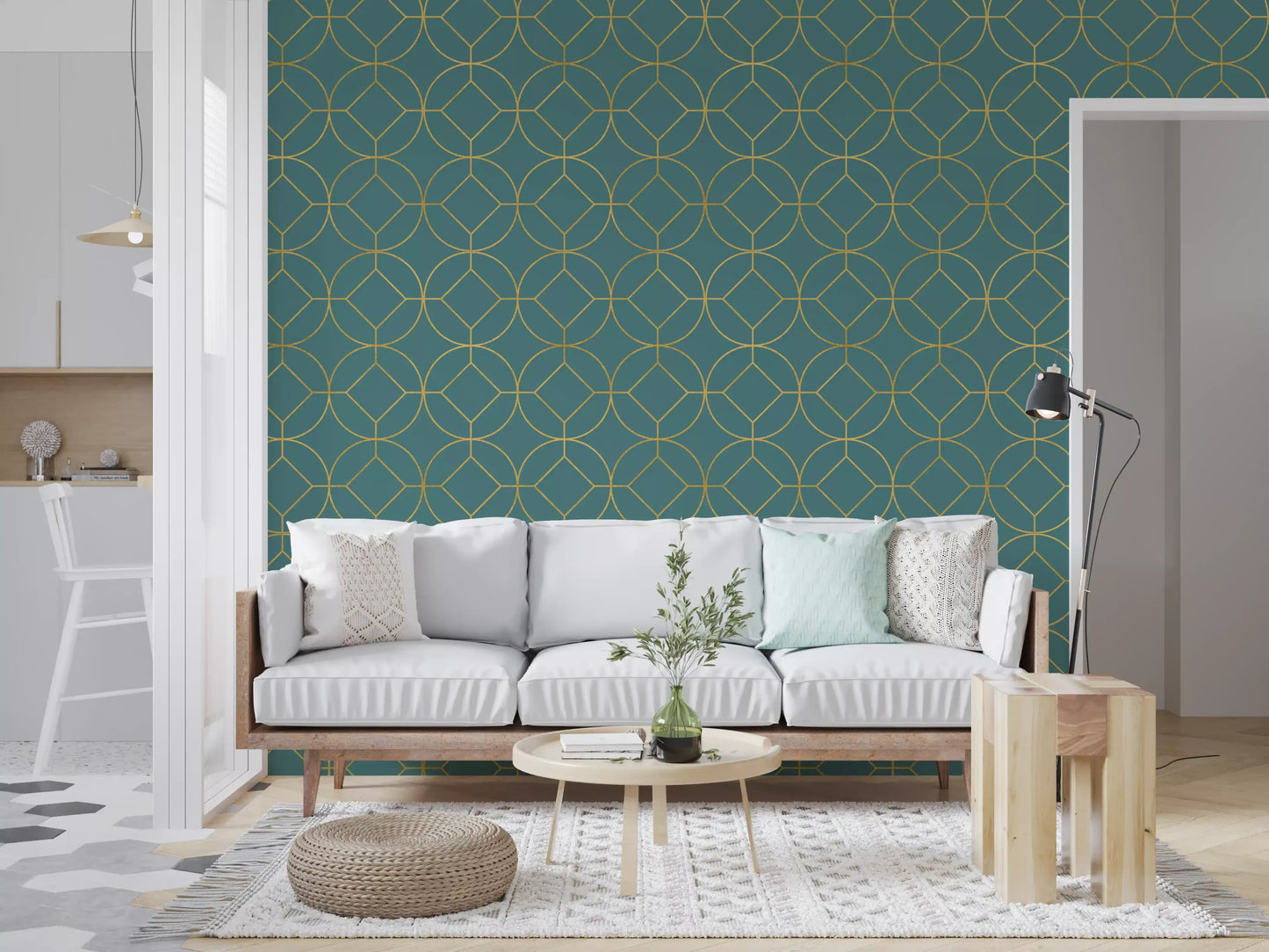 Teal wallpaper showing gold circles, diamonds and triangular shapes., GD10644