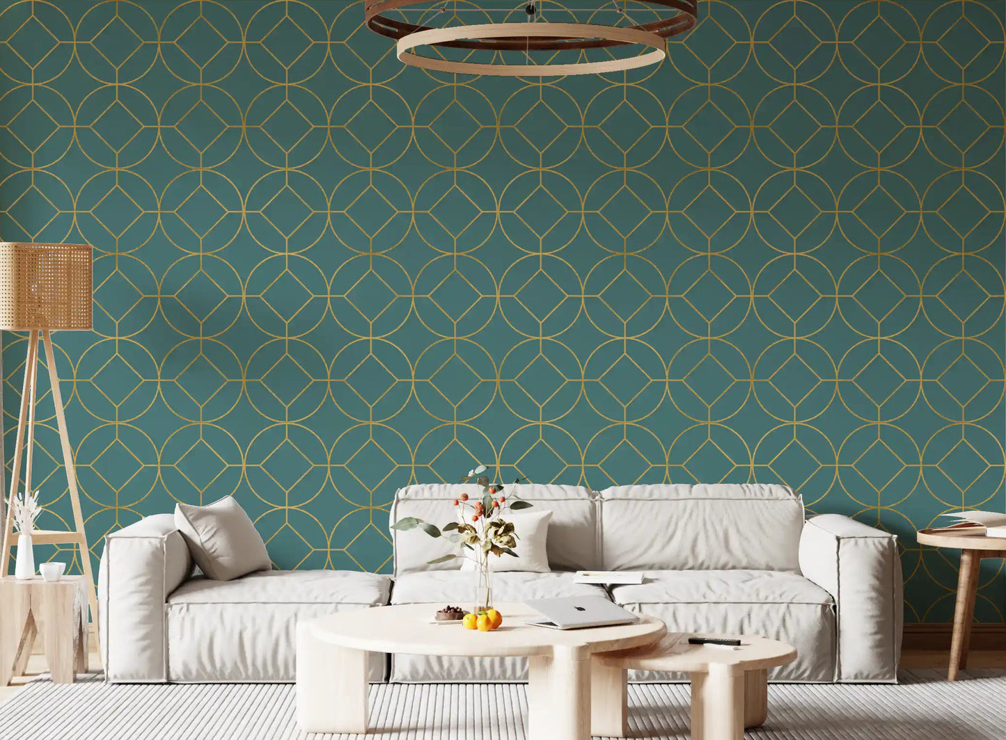 Gold linear medallions forming a balanced grid on teal wallpaper in living room., GD10644