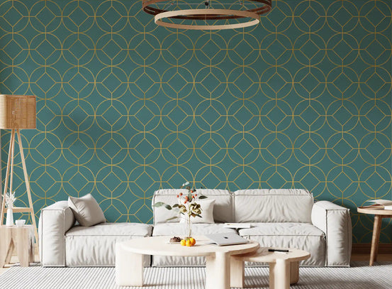 Gold linear medallions forming a balanced grid on teal wallpaper in living room., GD10644