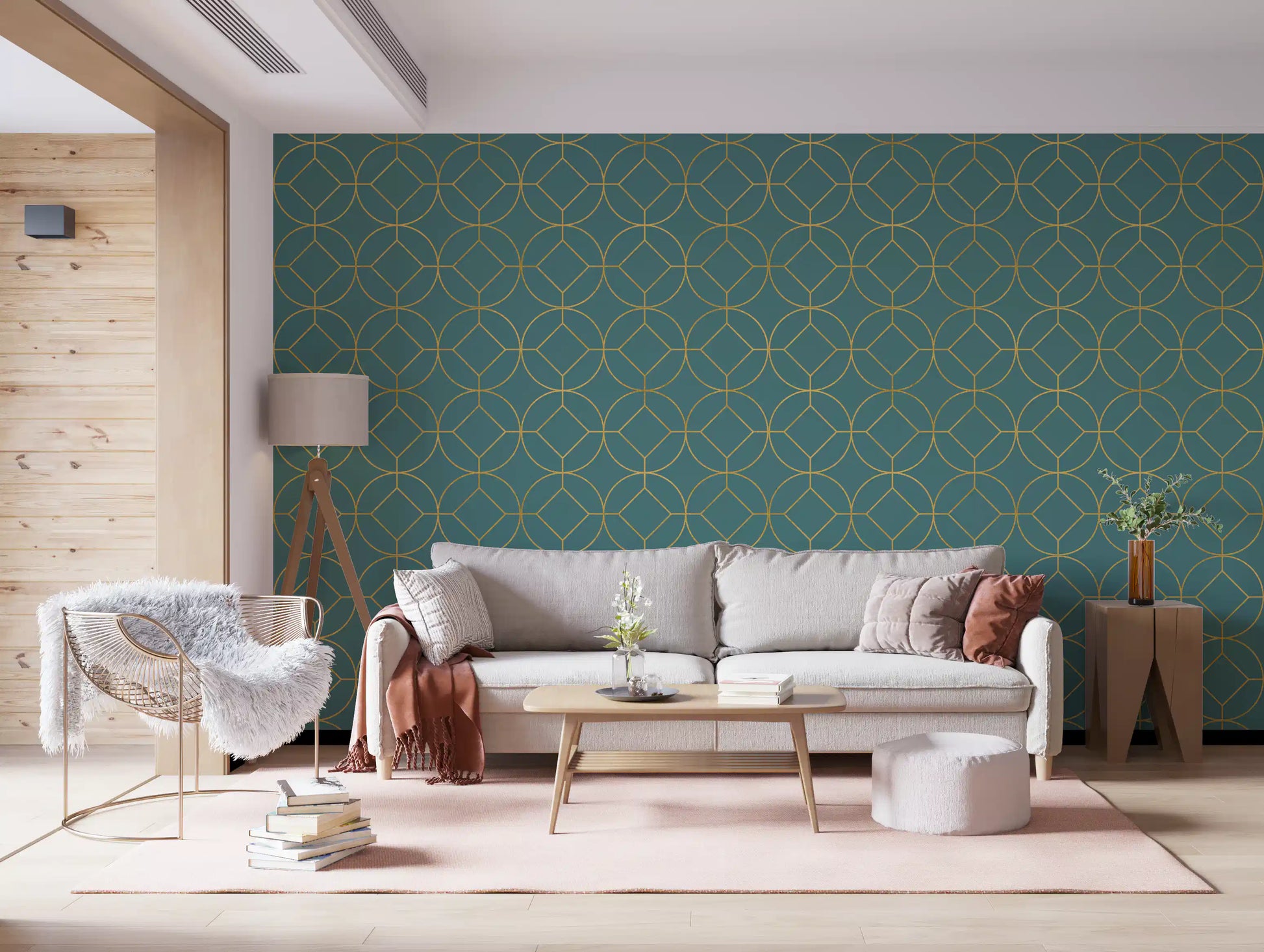 Vertical teal wallpaper with gold circular geometric motifs., GD10644