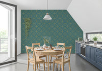 Dining room wall featuring teal and gold Art Deco circle geometric wallpaper., GD10644