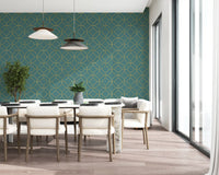 Teal and gold Art Deco circle geometric wallpaper in dining room., GD10644