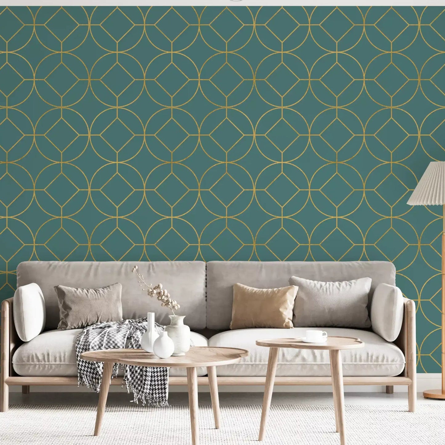 Metallic gold circles with central diamonds on teal wallpaper., GD10644