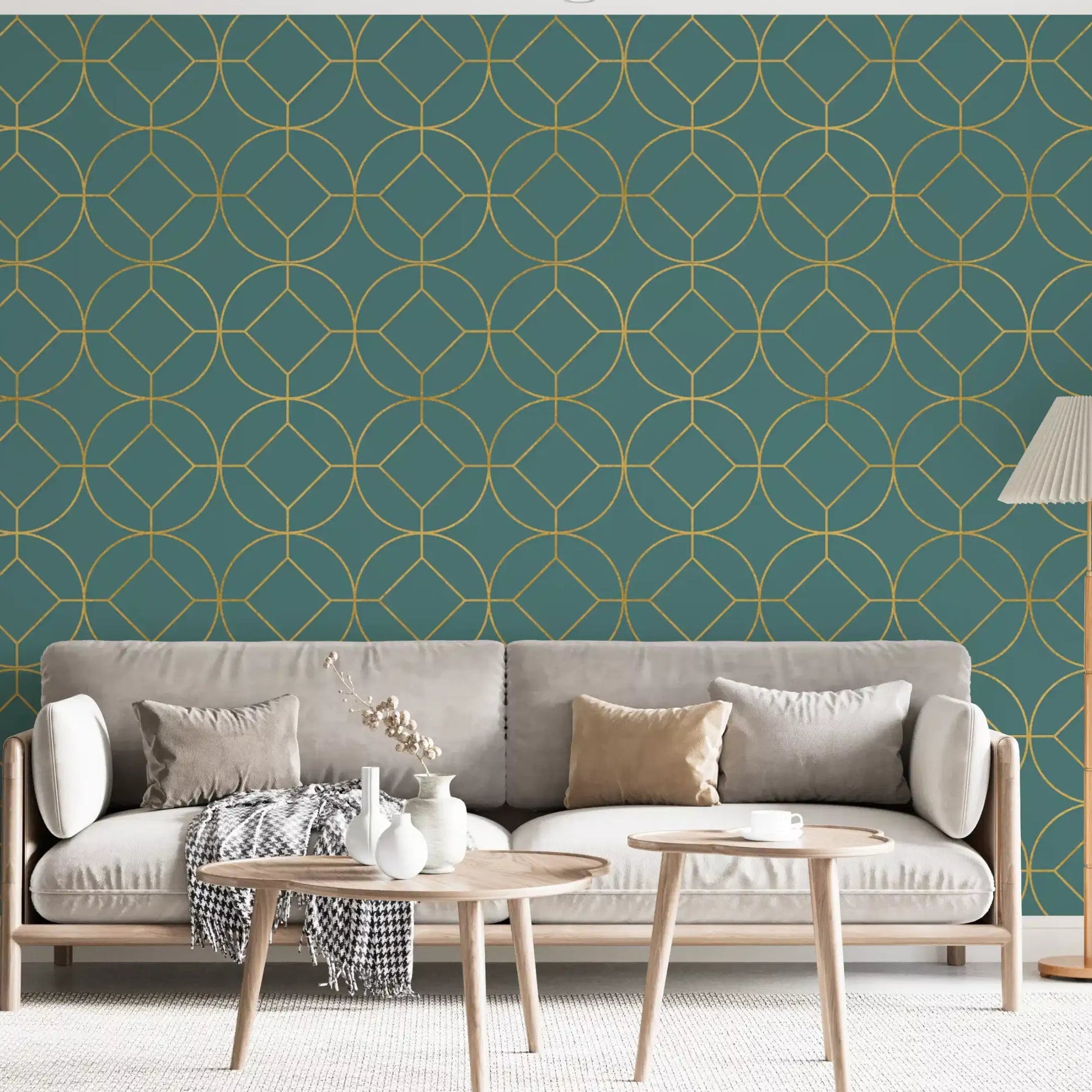 Metallic gold circles with central diamonds on teal wallpaper., GD10644
